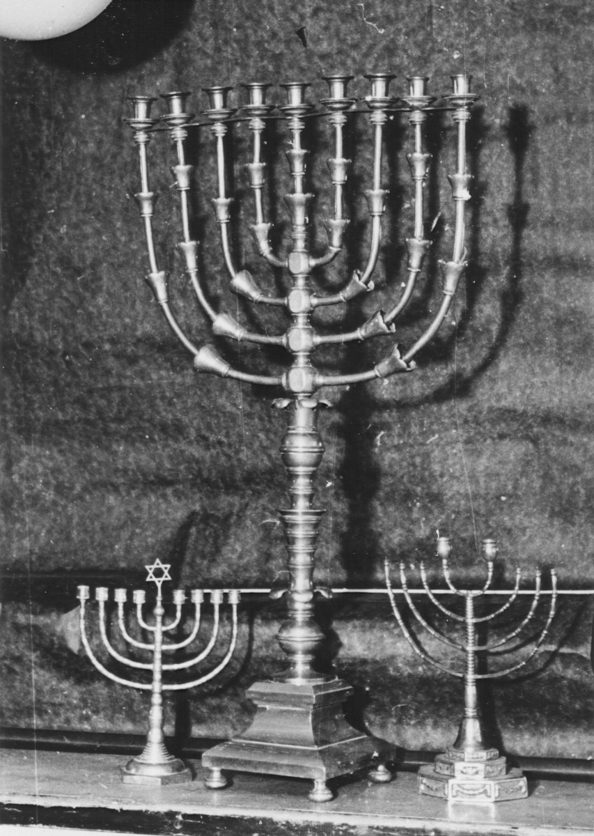 Display of Hanukkah menorahs confiscated by the Nazis.