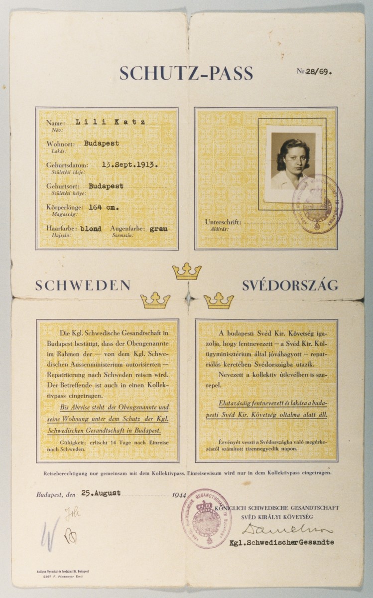 A letter of protection (Schutzpass), issued by the Swedish legation in Budapest, to the Hungarian Jew Lili Katz.  The document bears the initial W for Wallenberg in the bottom left corner.