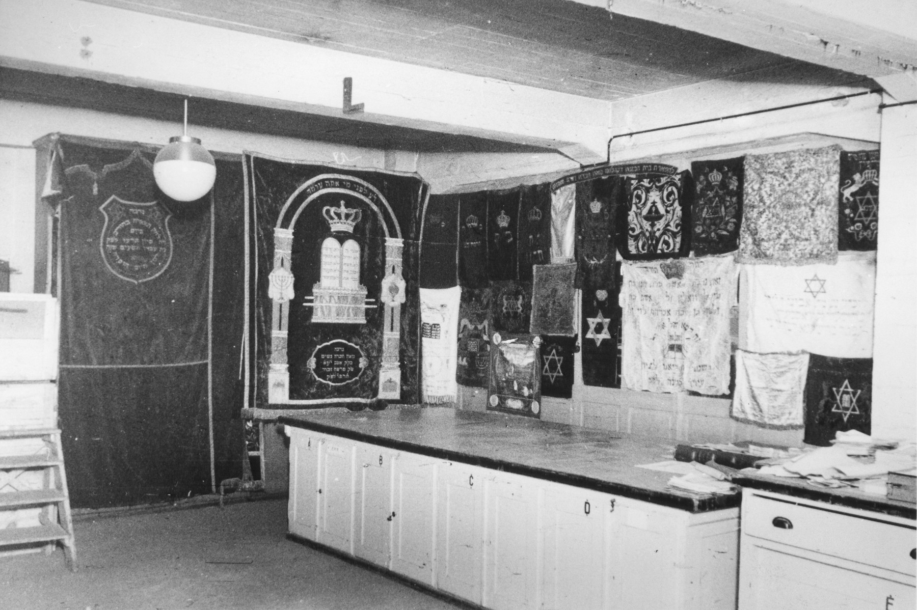 Display of ritual synagogue textiles confiscated by the Nazis.