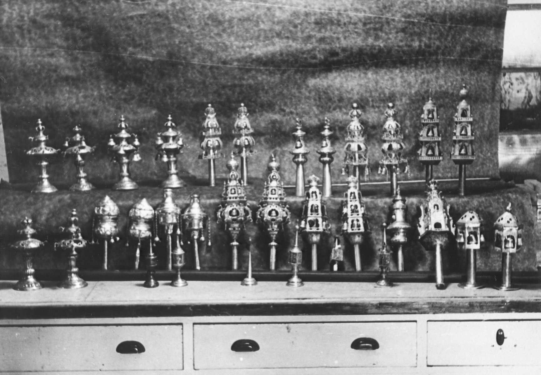 Display of silver torah crowns confiscated by the Nazis.
