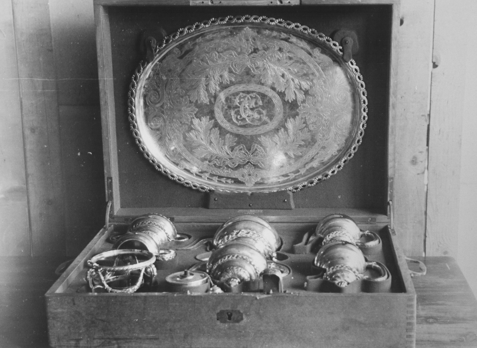 Display of a silver coffee set, confiscated from a Jewish household.