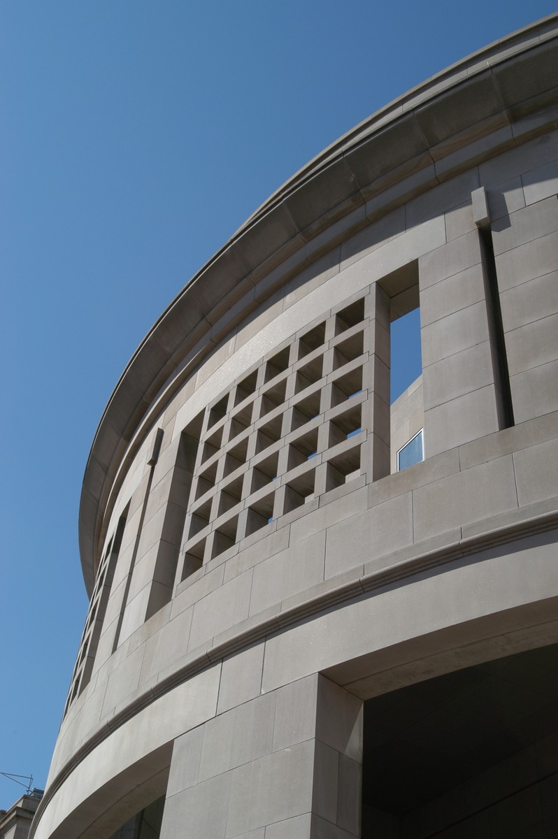 Detail of the 14th Street facade of the U.S. Holocaust Memorial Museum.