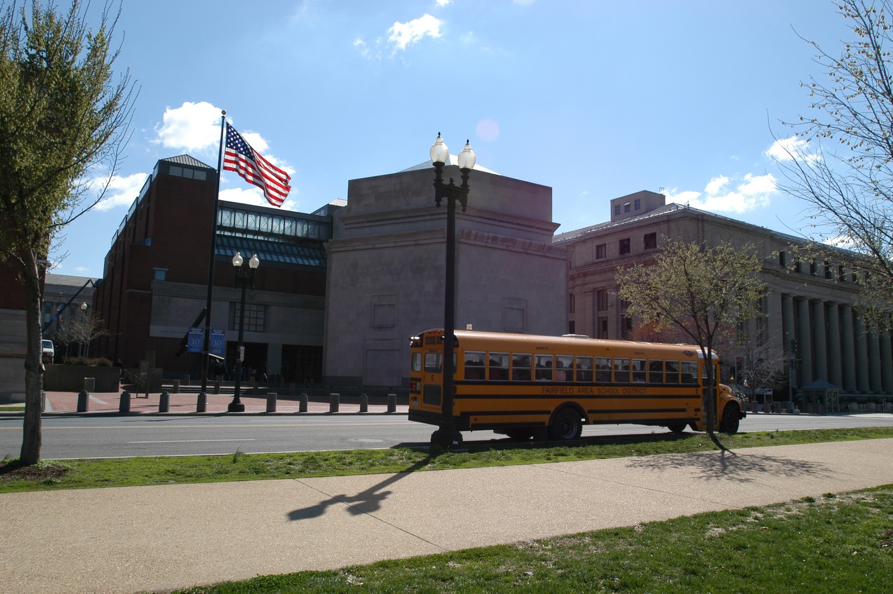 View of Eisenhower Plaza and the 15th Street entrance to the U.S. Holocaust Memorial Museum from across 15th Street.