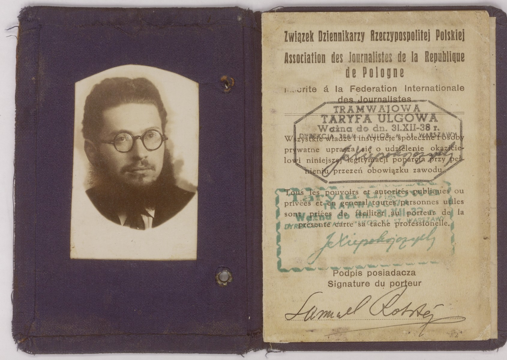 Membership card issued to Szmuel Icek Rotsztajn, the donor's father, by the Association of Journalists in Poland.  

Rotsztajn was an orthodox Jewish publicist, novelist and short story writer, who was co-editor of "Dos Yiddishe Tagblat" and editor of the orthodox literary journal "Der Flaker".