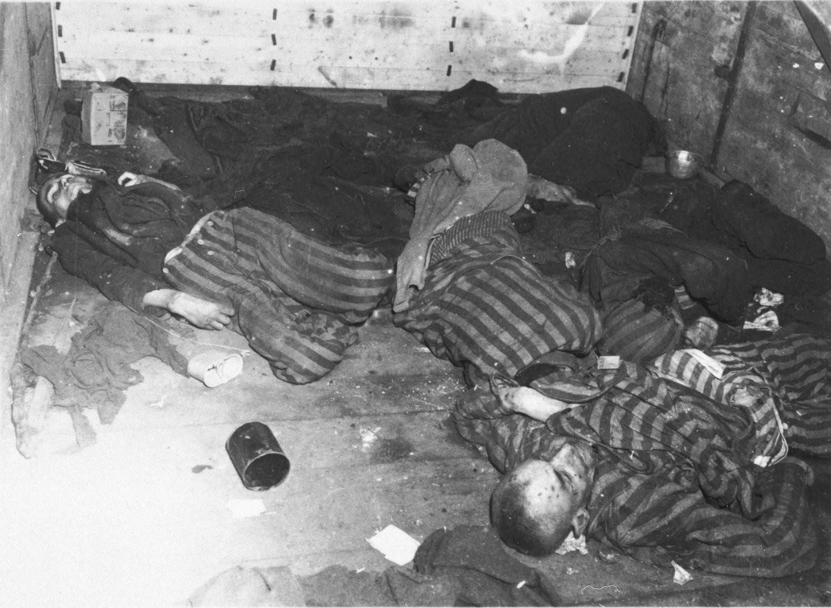 The bodies of former concentration camp prisoners lie in a railcar in Schwandorf.