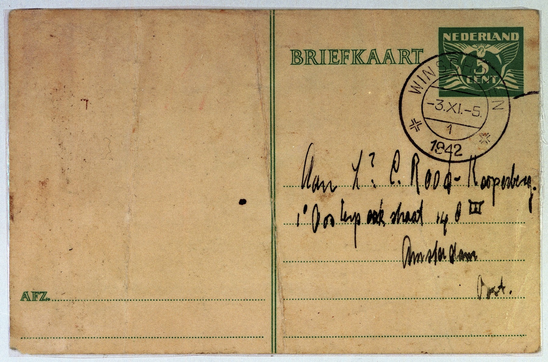 Postcard written from Coenraad Rood to his wife Elisabeth shortly from the deportation train from the Westerbork camp.

He writes, "My love!  I kept going despite trying everything. I cannot wait for you. Keep up your strength; be healthy and strong, I’ll see you soon. I’ll come back. Regards to all, kiss mother, Jo, and Lien for me. I kiss you a hundred thousand times."
