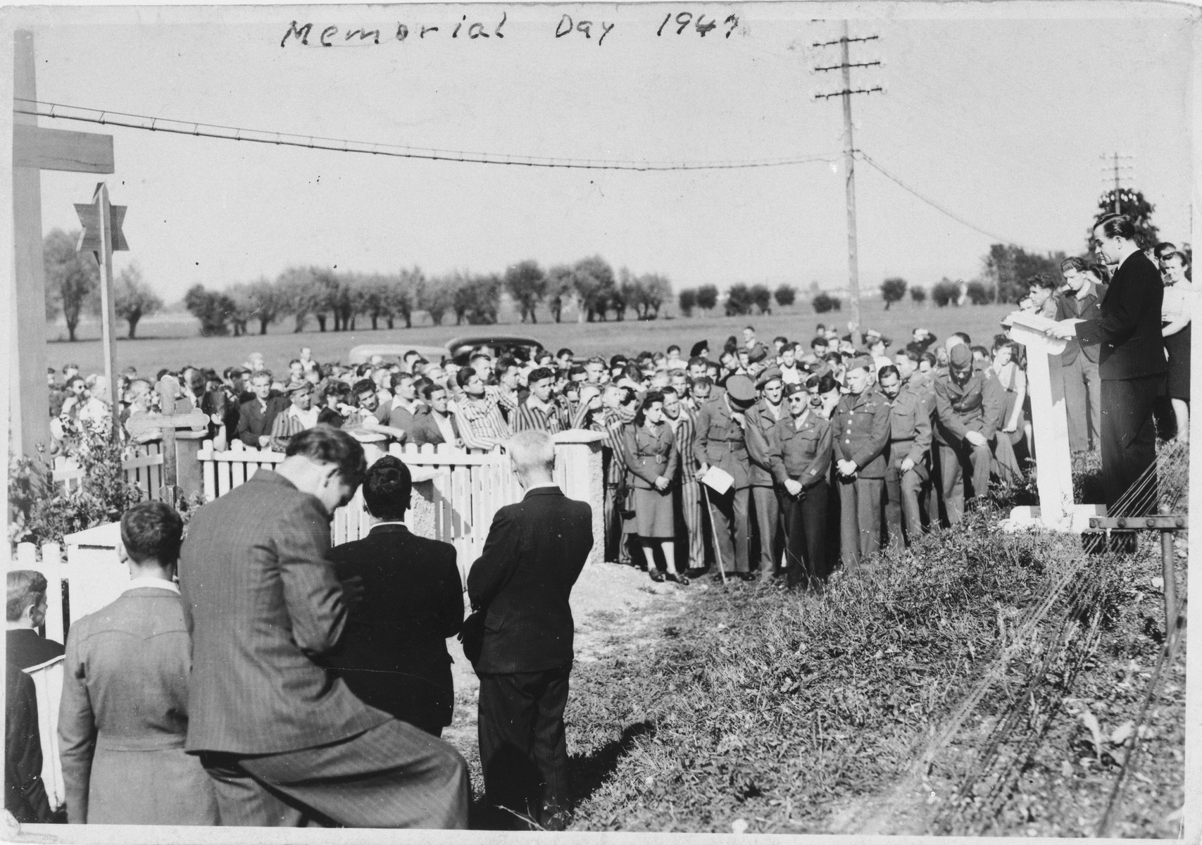 Jewish displaced persons gather for the dedication of a memorial at the site of the Pocking concentration camp.