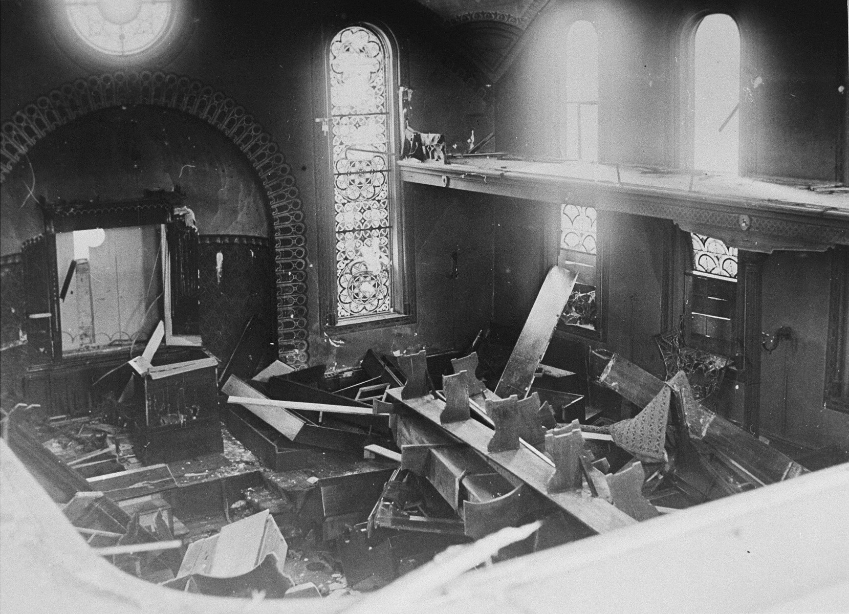 View of the destroyed interior of the Hechingen synagogue the day after Kristallnacht.