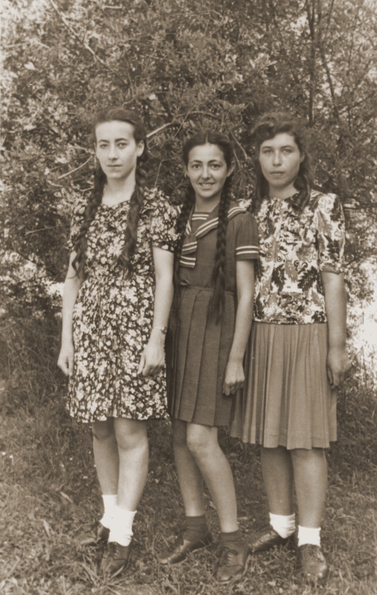 Close-up of three teenage girls in the Bad Reichenhall displaced persons camp.

Rochelle Szklarski, the donor, stands first from right, with her friend, Regina Lewkowicz and her sister.