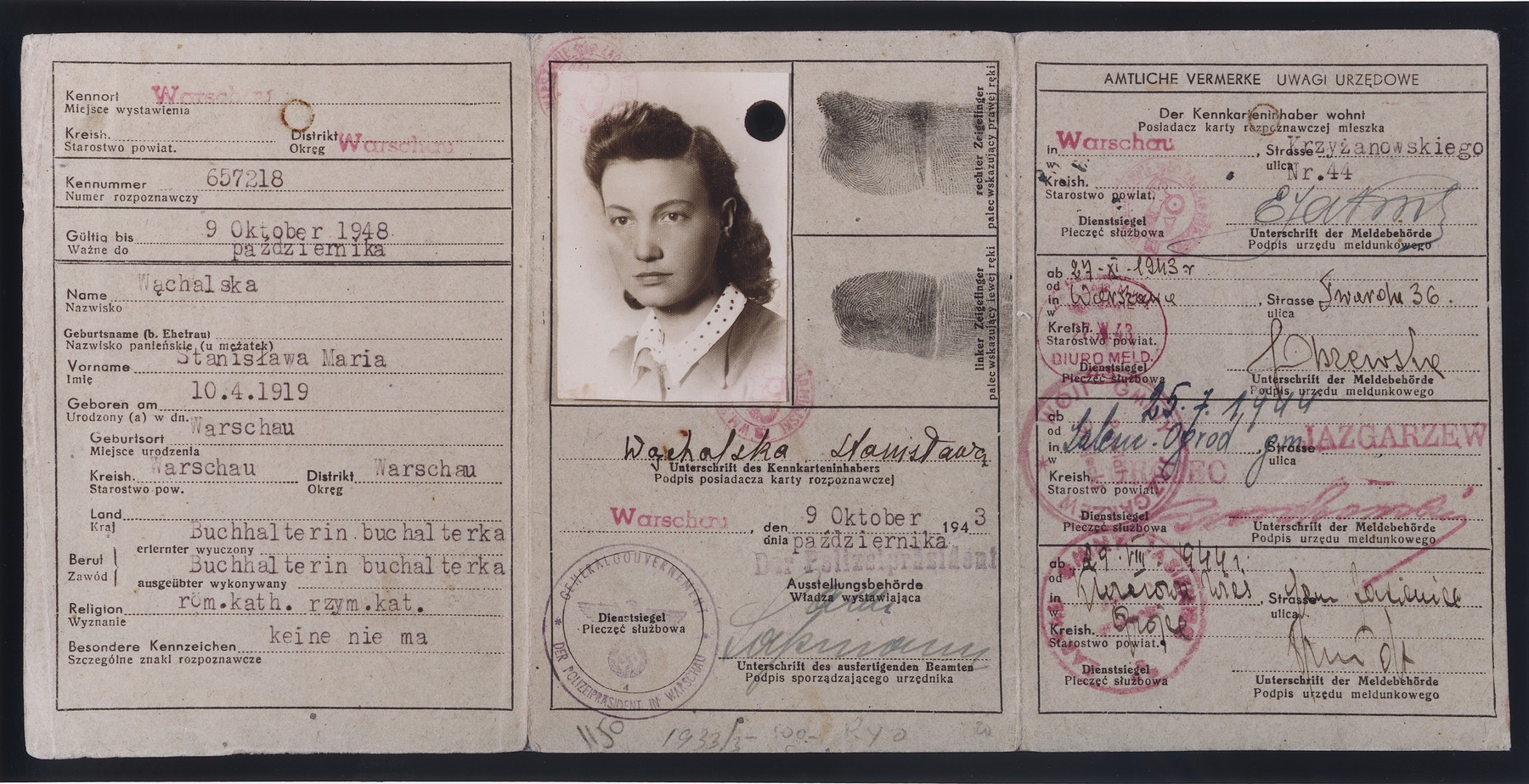 False identification card issued in name of Stanislawa Wachalska, that was used by Feigele Peltel (now Vladka Meed) while serving as a courier for the Jewish underground in Warsaw.