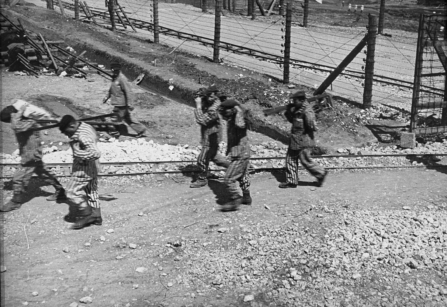 Jewish prisoners in Plaszow at forced labor.