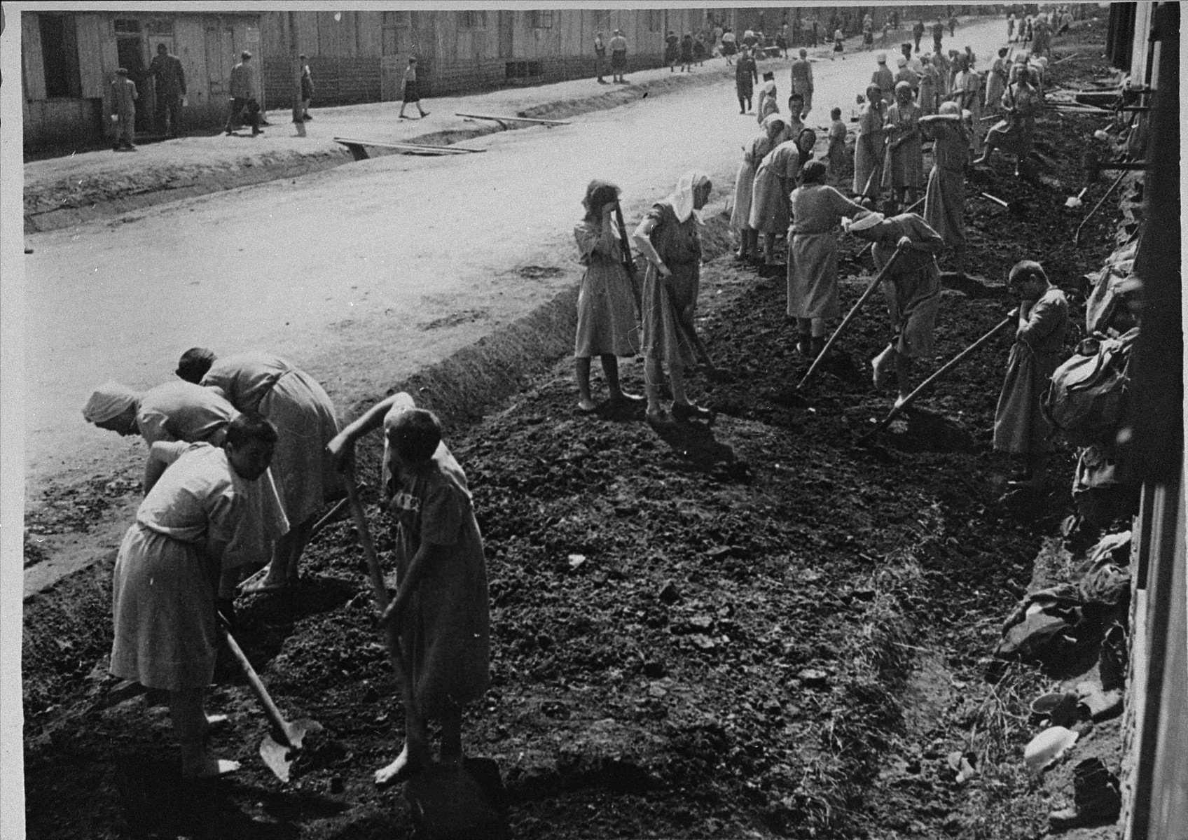 Jewish women at forced labor in the Plaszow labor camp.