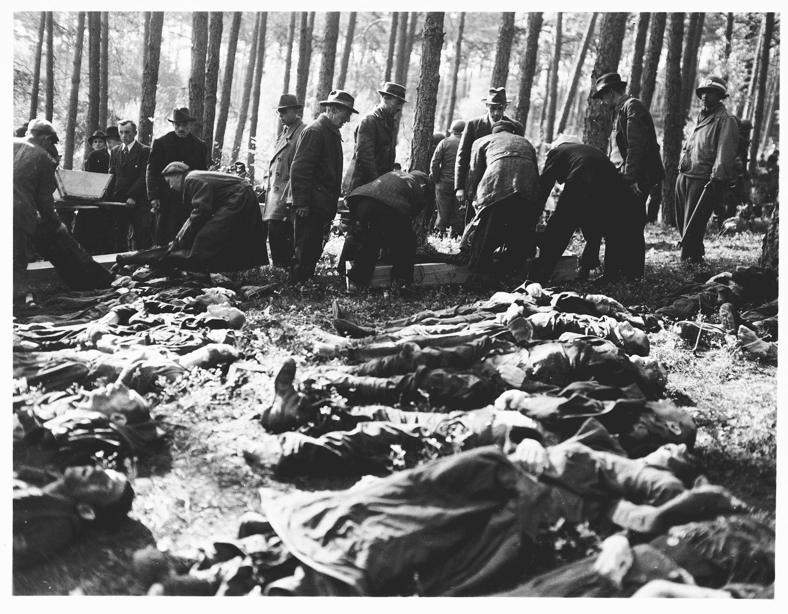 Under the supervision of American soldiers, German civilians from Neunburg vorm Wald place corpses into coffins for transportation to the town cemetery where they will be properly buried.  

The victims were Polish, Hungarian, and Russian Jews shot near Neunburg while on a death march from Flossenbuerg.