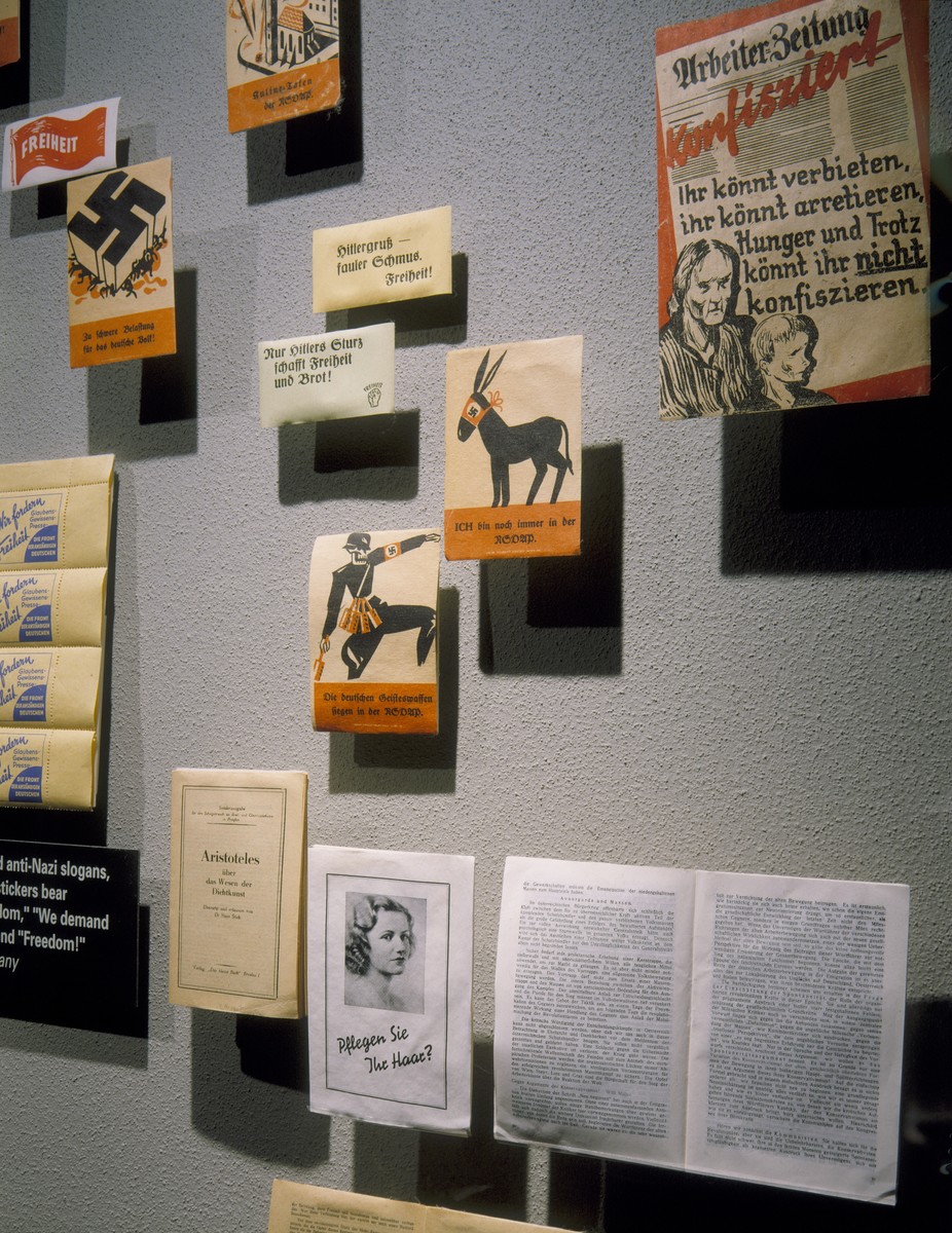 Detail of the "Enemies of the State" segment, featuring anti-Nazi pamphlets published by communists and social democrats operating from France and Czechoslovakia, on the fourth floor of the permanent exhibition at the U.S. Holocaust Memorial Museum.