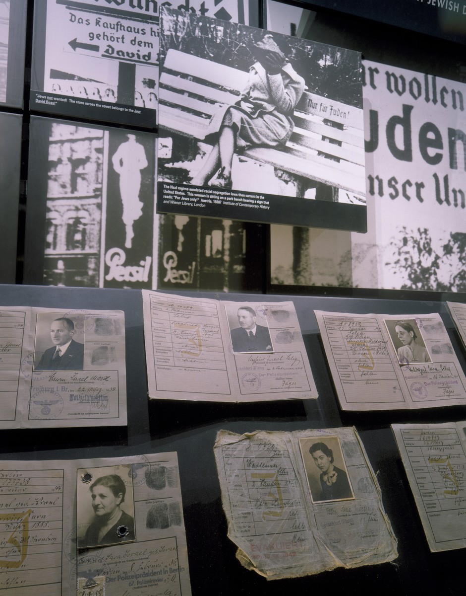 View of the "From Citizens to Outcasts" display on the fourth floor of the permanent exhibition at the U.S. Holocaust Memorial Museum.