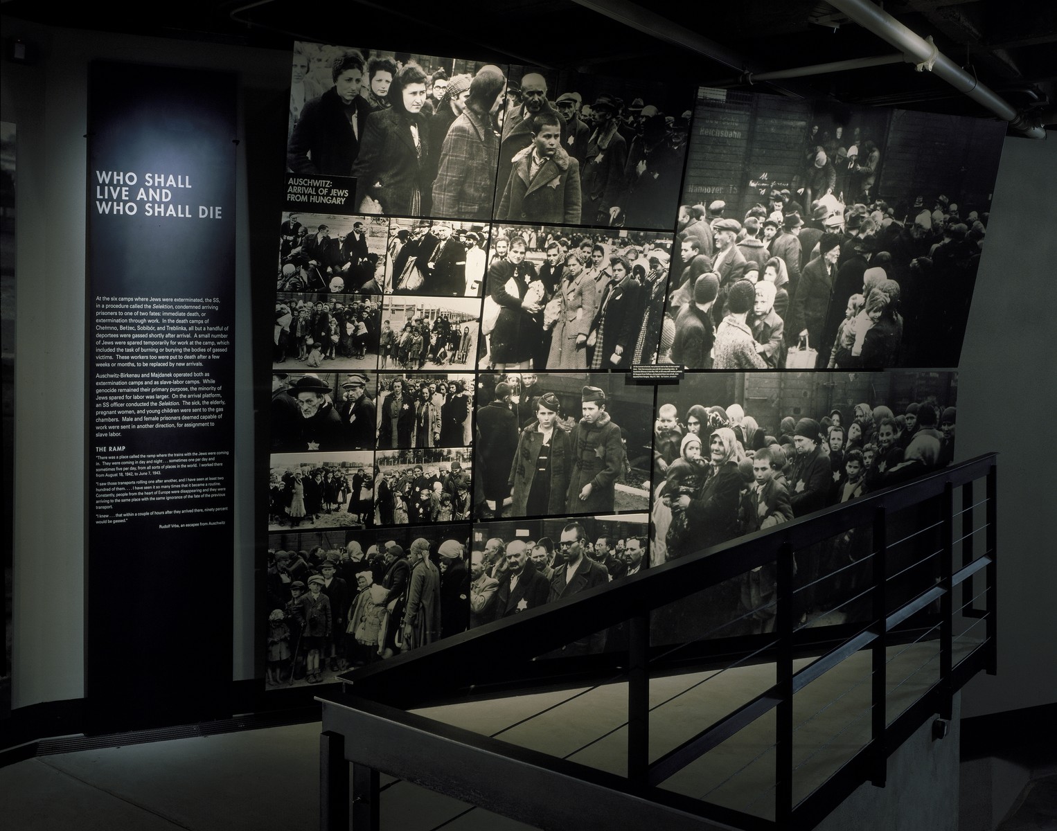 View of the "Who Shall Live and Who Shall Die" segment on the third floor of the permanent exhibition at the U.S. Holocaust Memorial Museum.  The photo mural consists of a series of photographs depicting the arrival and selection of a transport of Jews from Carpathian Ruthenia on the ramp at Auschwitz-Birkenau in the spring of 1944.
