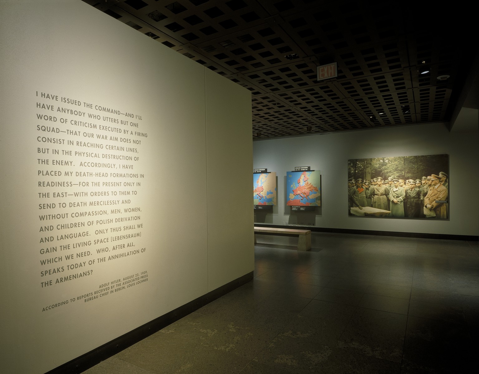 View of the concluding section of fourth floor of the permanent exhibition at the U.S. Holocaust Memorial Museum.  This section features the quote attributed to Adolf Hitler regarding his war aims, maps of the German territorial conquest and a photo mural of Hitler with General Wilhelm Keitel at the Westwall.