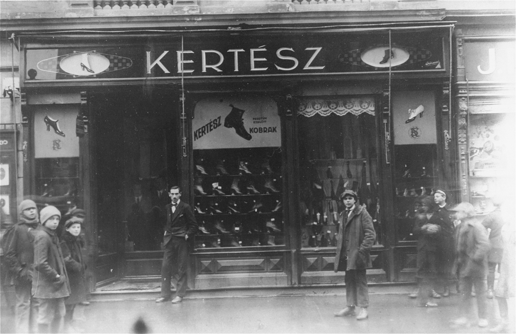 View of the Kertesz shoe store in Kosice, Slovakia, owned by the Jewish businessman, Samuel Kertesz. 

Samuel Kertesz, who is the maternal grandfather of Eva (Halmos) Kuhn, perished in Auschwitz in 1944.
