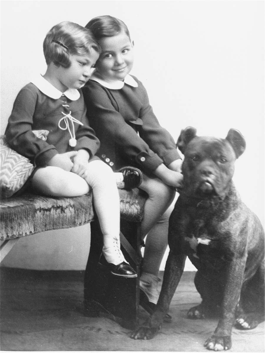 Portrait of the two Muller children, Heinrich and Alice, with their dog in Hlohovec, Czechoslovakia.