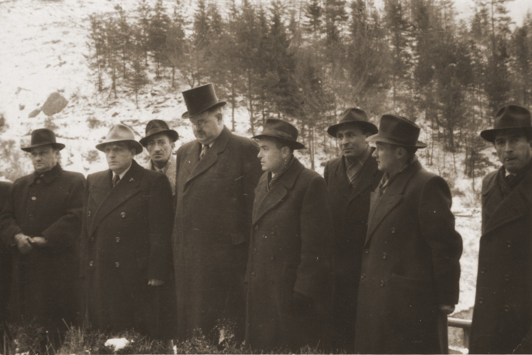 Survivors attend a memorial service for Jewish victims at the Flossenbuerg concentration camp. 

From left to right are Israel Igster, Weingarten, ?, Philipp Auerbach, Palucki, Motek Fishel, and Krzepicki.