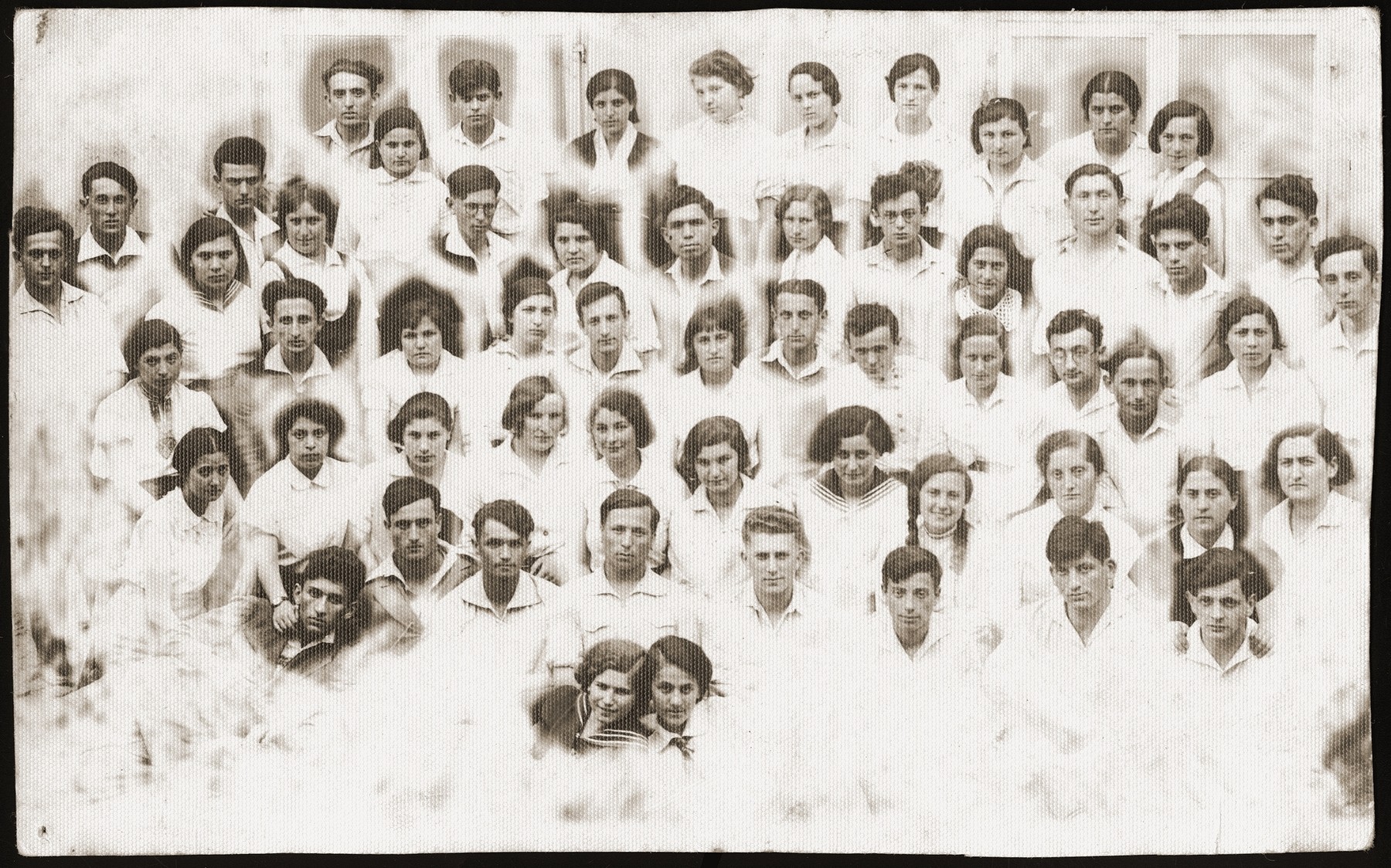 Group portrait of members of the Hashomer Hatzair hachshara in Kalisz. 

Among those pictured is Meir Orkin, a leader of the Bialystok Hashomer Hatzair group (third row from the front, on the far right), who later married Haika Grosman.