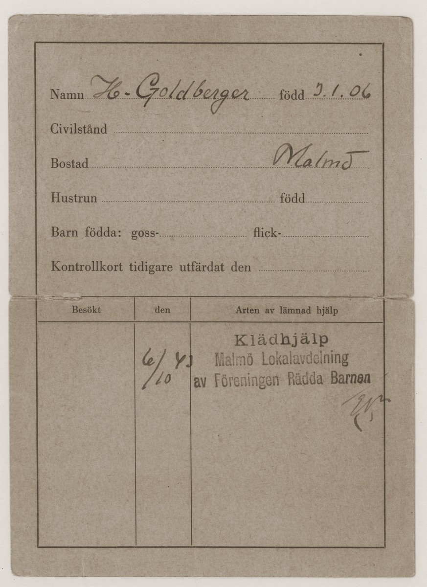 Voucher for clean, dry clothing issued to the Goldberger family.  These vouchers were issued to Danish refugees who arrived in Sweden frequently quite wet from their voyage with few dry clothes.