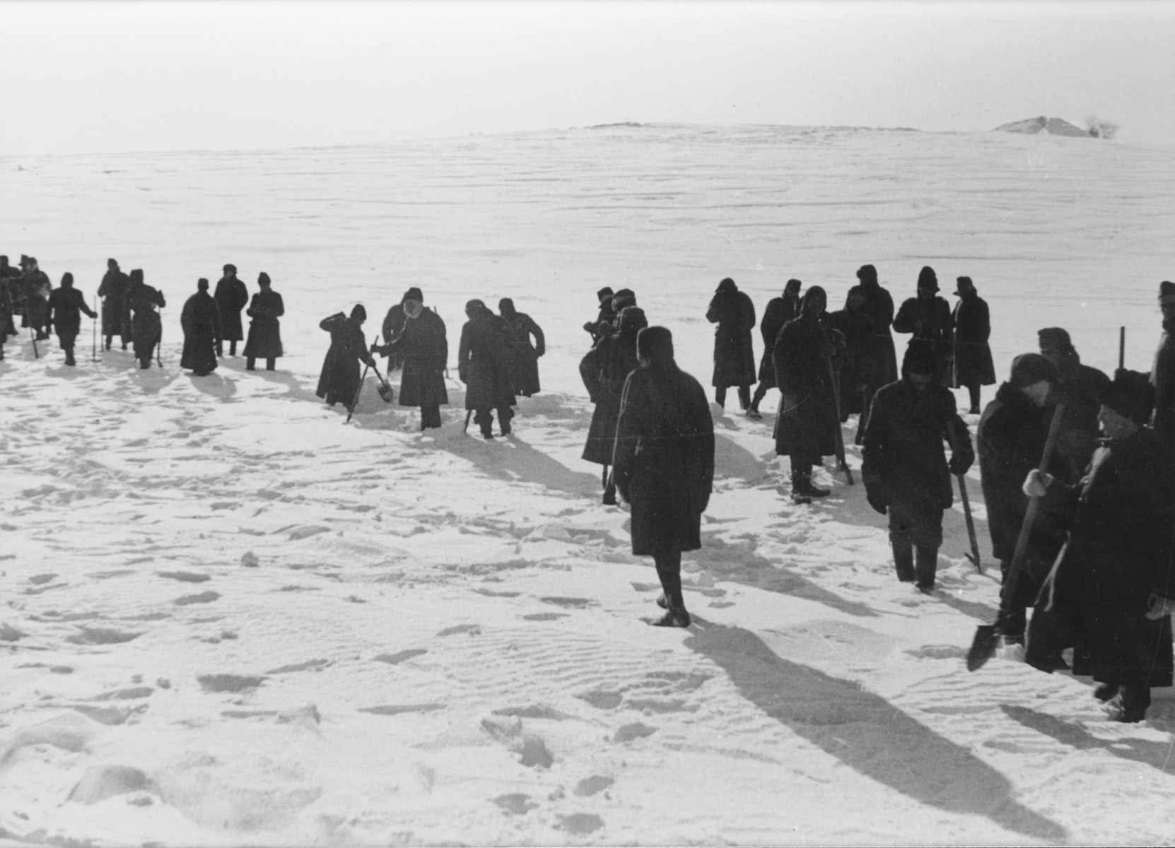 Jewish conscripts in Company 108/57 of the Hungarian Labor Service at forced labor clearing snow from a road.