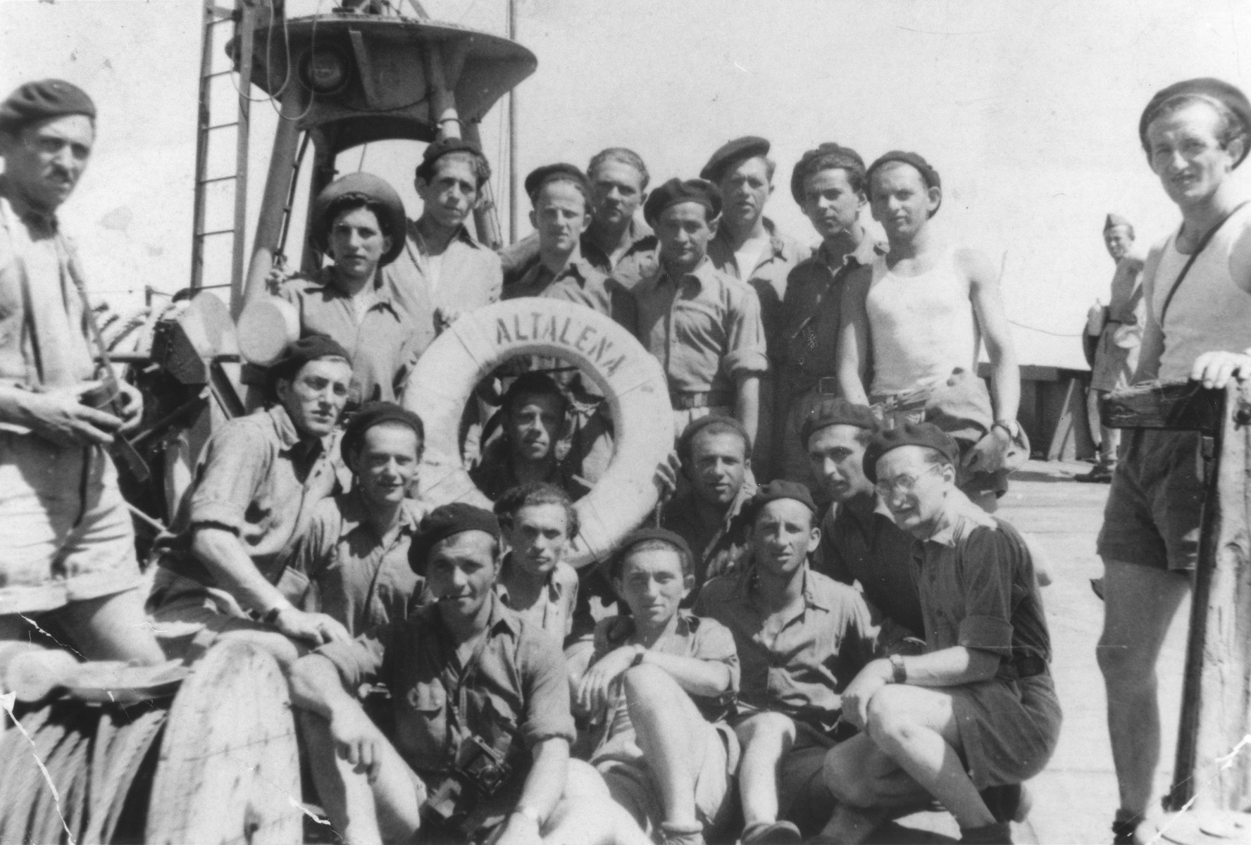 Group portrait of Jewish DPs aboard the Altalena, an immigrant ship bound for Israel.