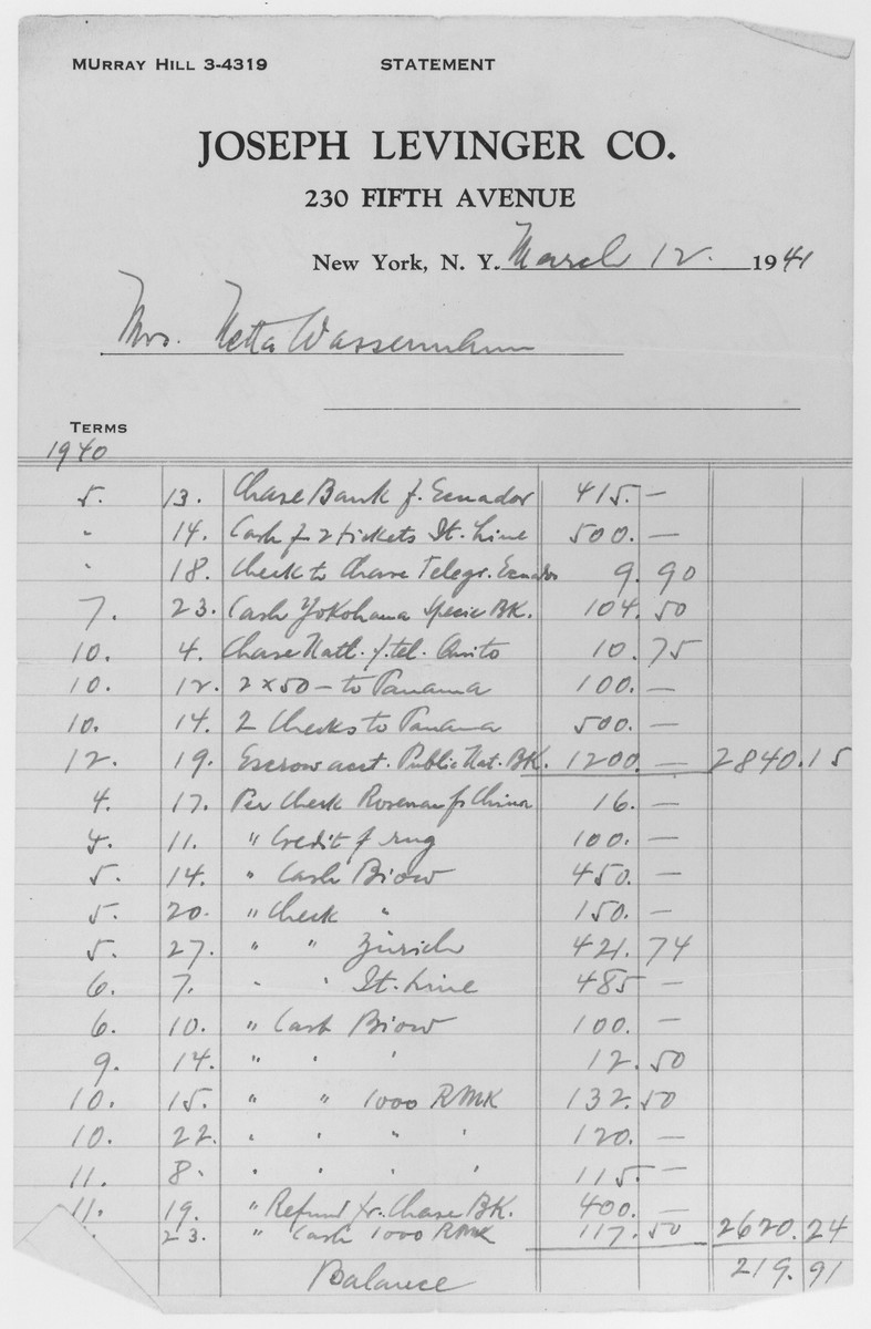 Page of a ledger kept by Joseph Levinger of New York City itemizing the payments he made on behalf of Nanette Wassermann to facilitate her immigration to the United States from Panama.