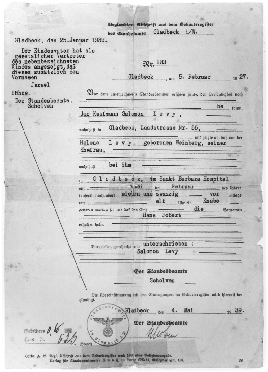 Document issued by the Gladbeck registry office certifying that the child Hans Robert Levy has assumed the new middle name of Israel.