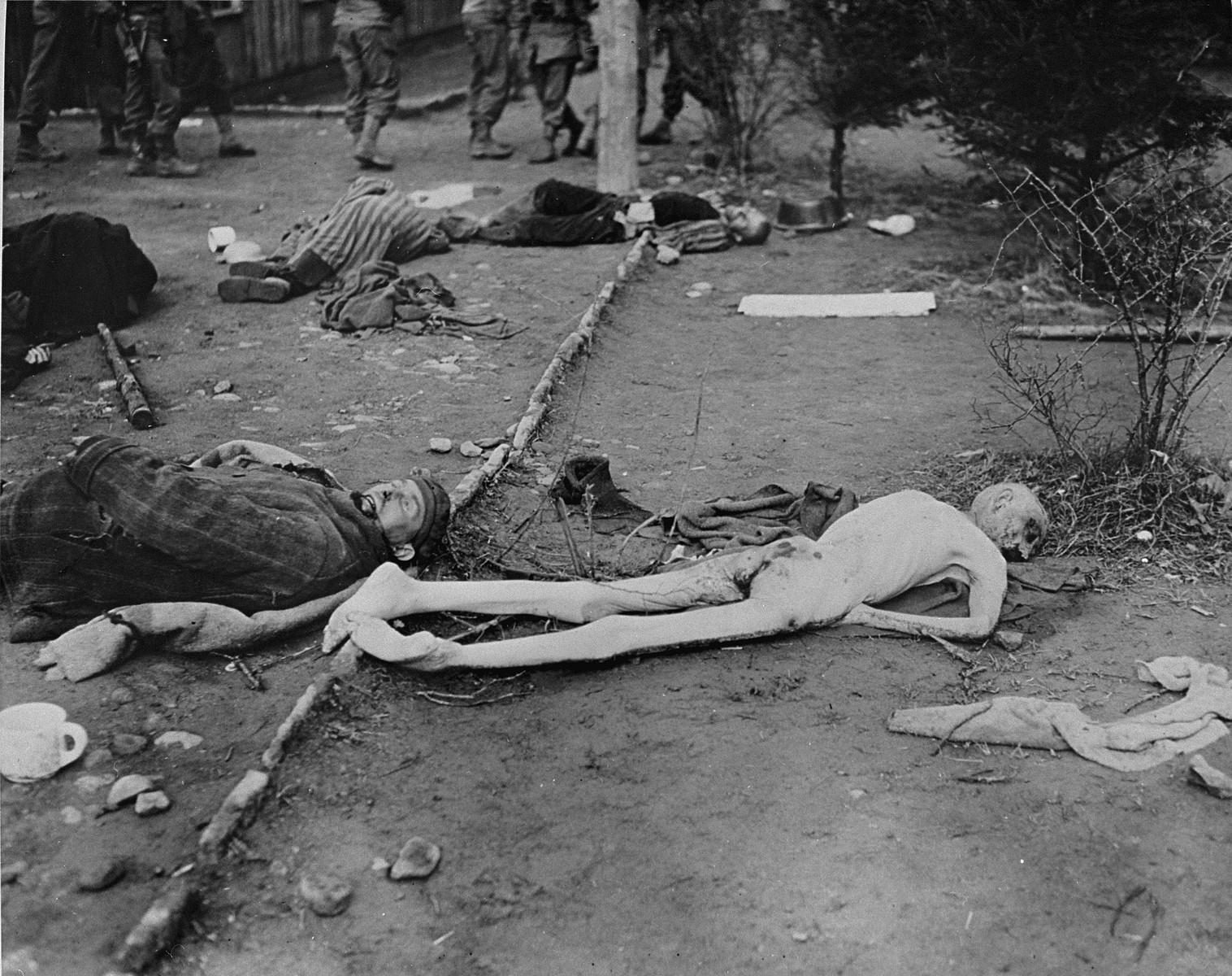 The bodies of prisoners who were murdered by the SS just before the evacuation, are strewn on the grounds of the newly liberated Ohrdruf concentration camp.