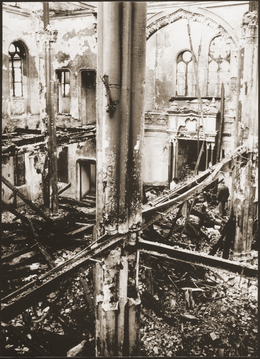 View of the destroyed interior of the synagogue in Opava