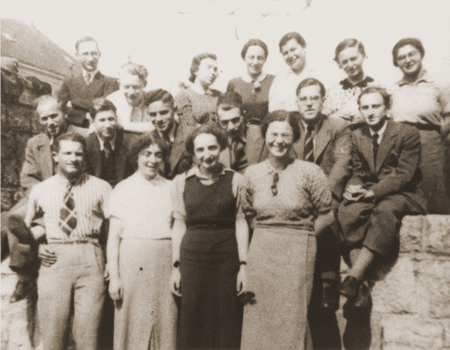 Graduating class of the Wuerzburg Jewish teachers seminary shortly before it was closed down on Kristallnacht.  

Pictured in the front row from left to right are Spier, unknown, Molly Haberman, and Toni Pachtmann.  In the middle row from left to right are, unknown, Herbert Aron, Albert Schild, Rabbi Naftali Carlebach, Jacob Breuer (son of the rabbi and Gerd Zwienicki.  In the top row, second from the right, is Kathe Weiss.