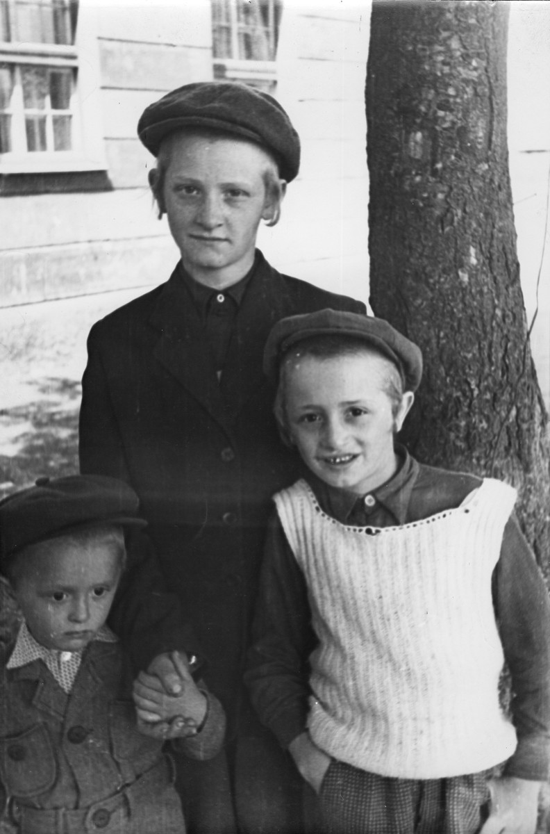 Three orthodox Jewish boys pose together under a tree in the Feldafing displaced persons' camp. [Oversized print]