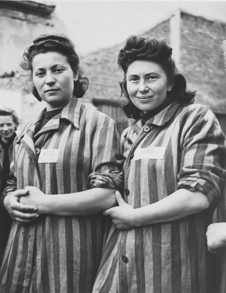 Portrait of two female survivors at the newly liberated Lenzing concentration camp. 

Pictured are Cesie Birnbaum (born 1922) from Poland and Milanie Herz (born 1920) in Slovakia.  Both women  had previously been incarcerated in Auschwitz.