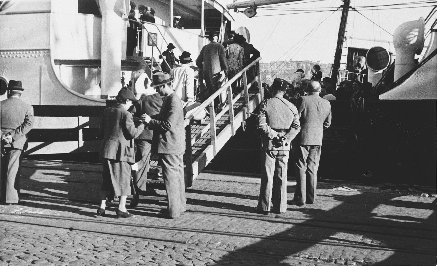 Jewish refugees board the SS Mouzinho in the port of Lisbon.