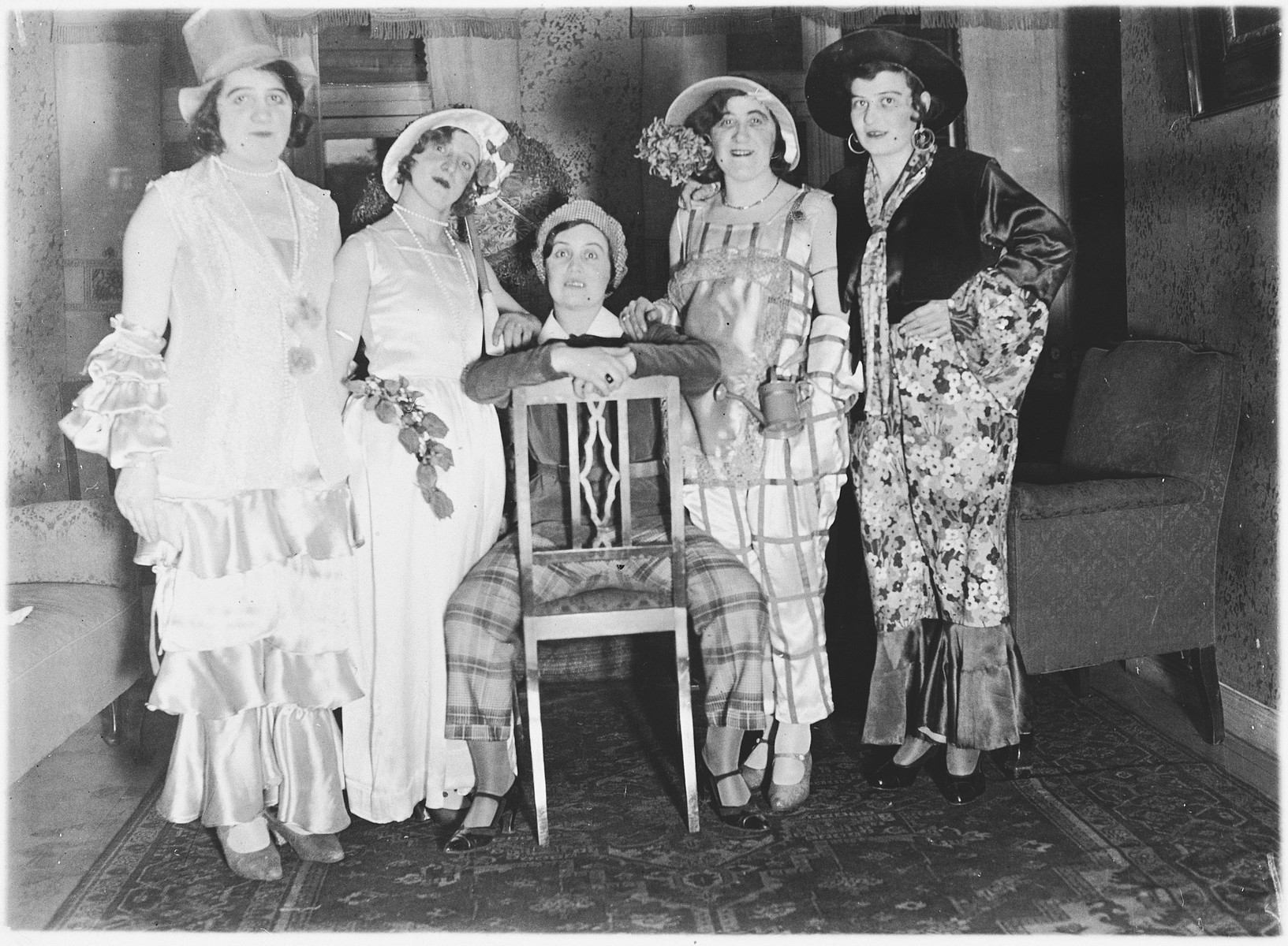 Group portrait of young Jewish women dressed in elaborate costumes in Luxembourg.

Among those pictured are Margaretha Nussbaum (left) and her friend Erna Hirsch.