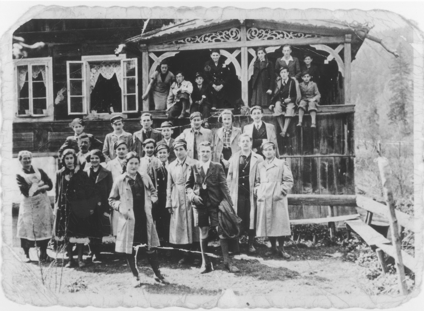 Group portrait of students from a Jewish business high school on a class trip shortly before the start of World War II.