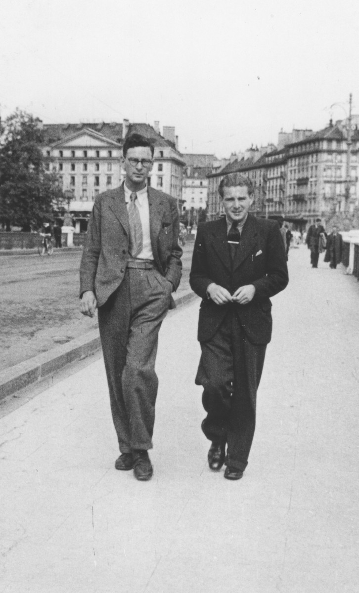René Karschon (left) walks down a street in Geneva shortly after his escape from France.
