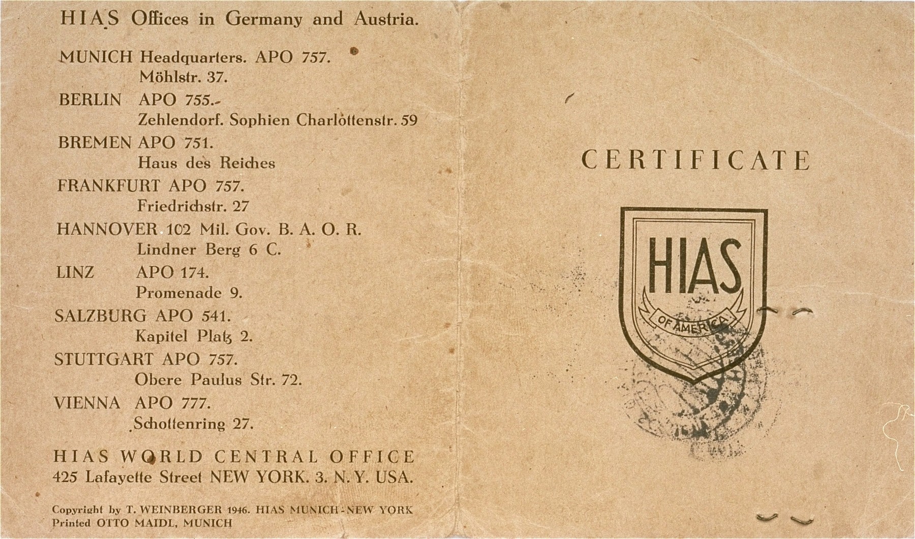 Cover of a HIAS immigration certificate issued to Manius Notowicz in Munich.

The document states that Notowicz will travel on the Marine Flasher on February 22, 1947 to New York City.