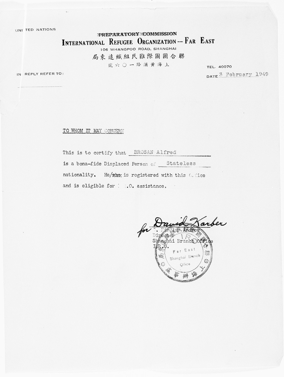 IRO certificate attesting to the fact that Alfred Brosan is eligible for displaced person's assistance.