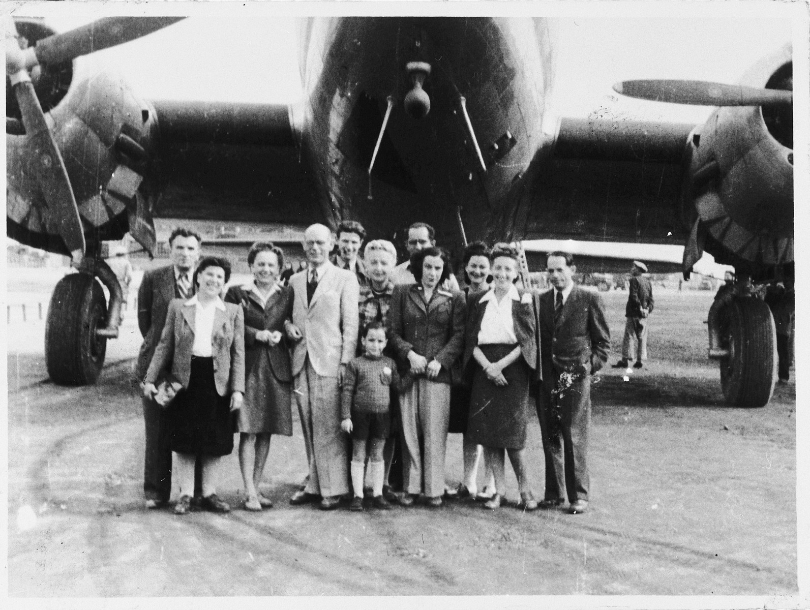 Group portrait of Jewish refugees at the Shanghai airport.

Among those pictured are: Rudolph and Ana Brosan (at the far left), Alfred Brosan (center, behind the man in the light suit), and Richard Brosan (first on the right).