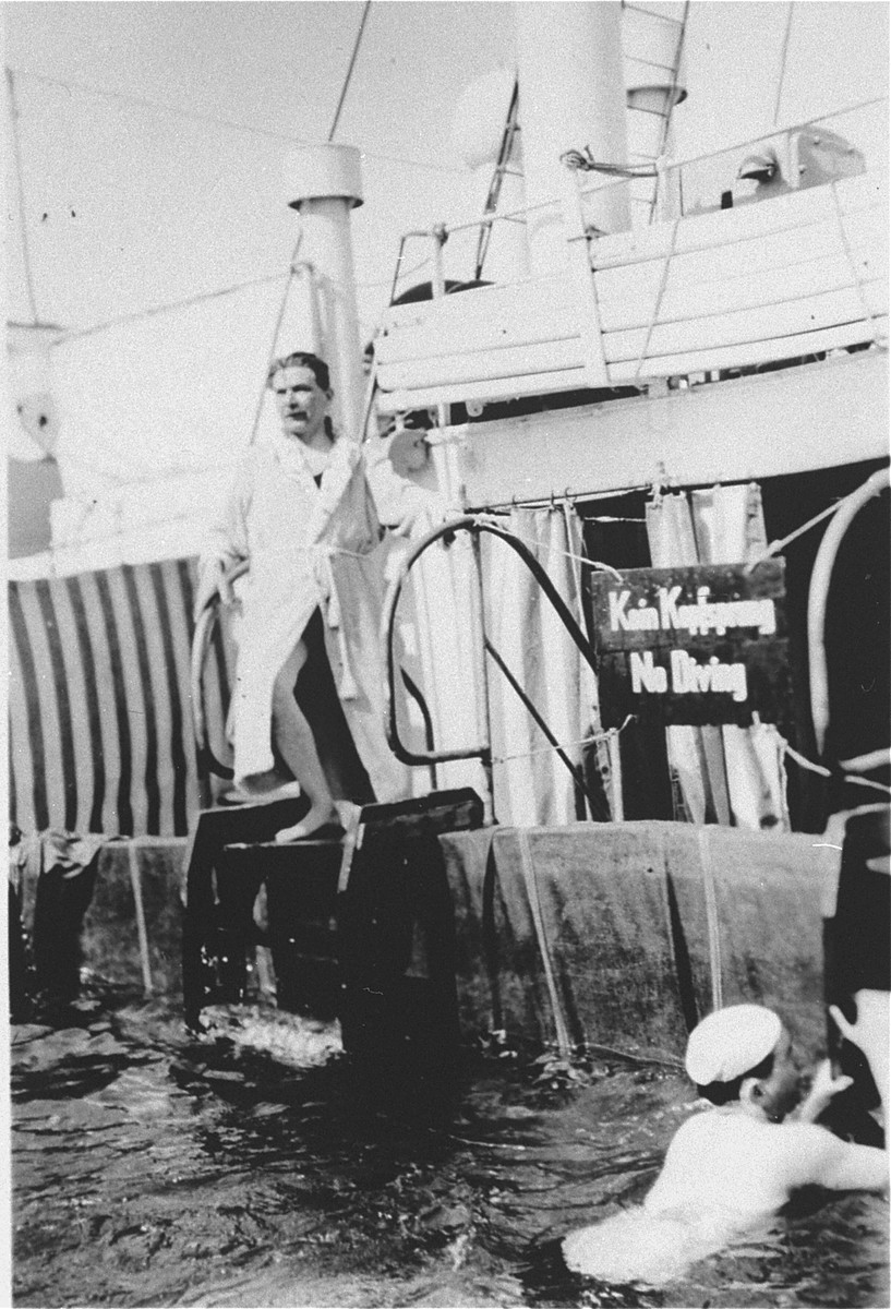 Passengers swim in the pool of  the MS St. Louis.

From a photo album belonging to St. Louis passenger Moritz Schoenberger.