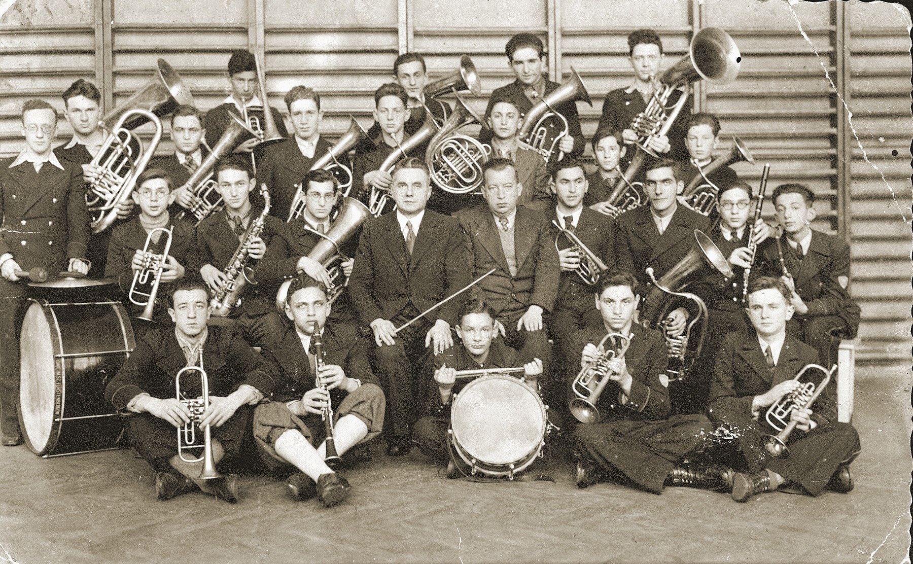 Students in the Furstenberg gymnasium band pose for a group portrait with their instruments.