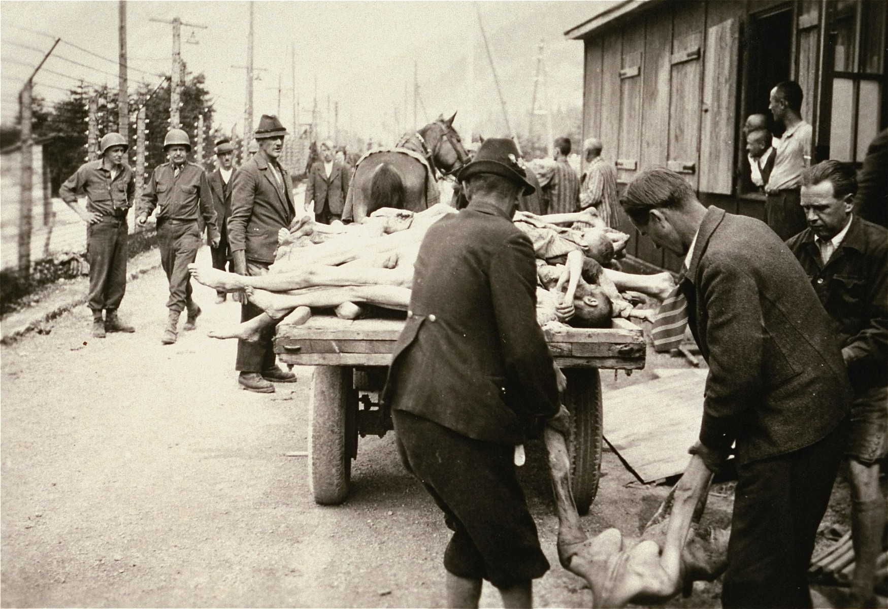 Austrian civilians participate in clearing the dead in the Ebensee concentration camp.  The barracks in the background was found filled with corpses.