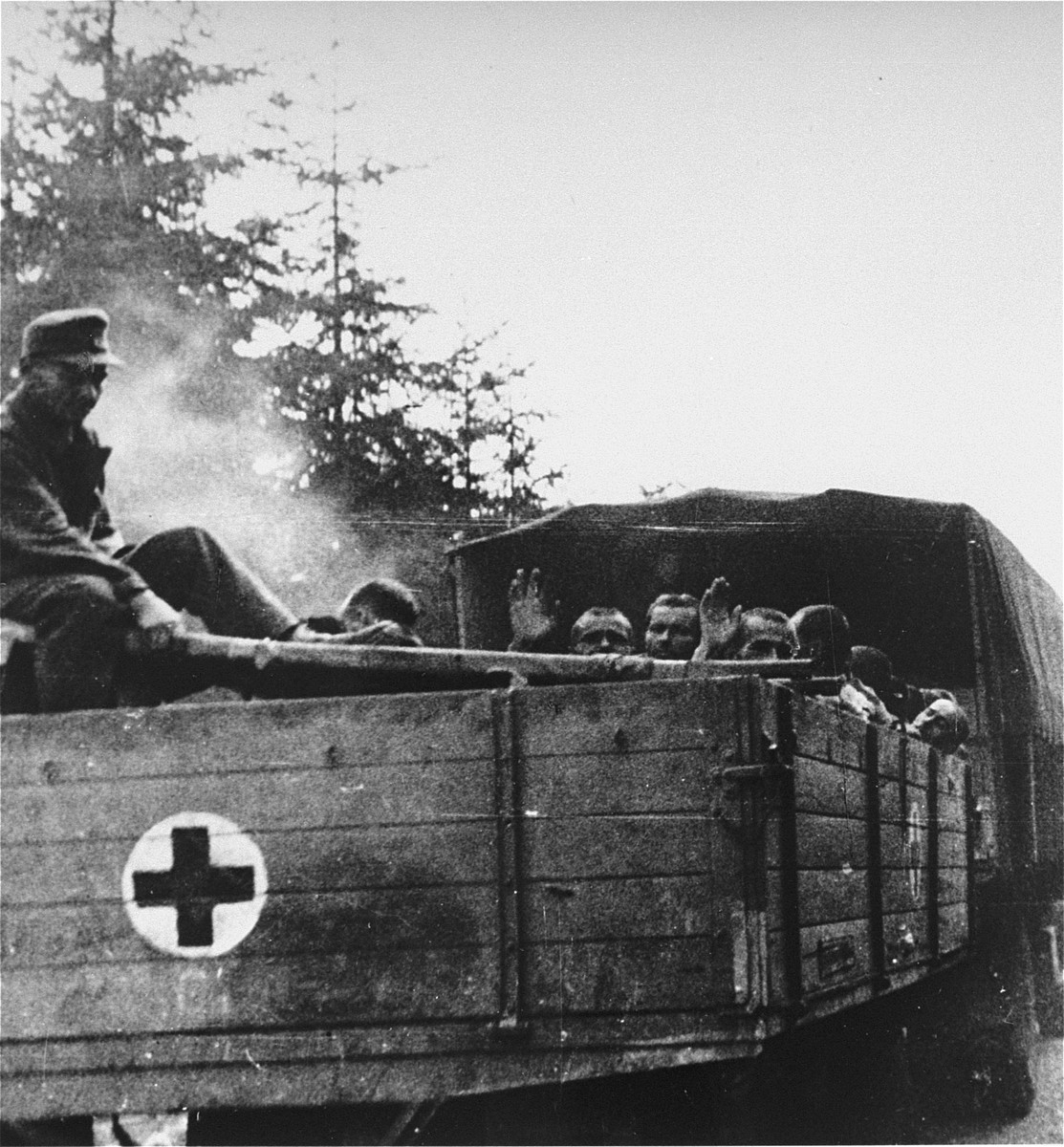 Survivors from Ebensee are evacuated to the 139th Evacuation Hospital for medical treatment.