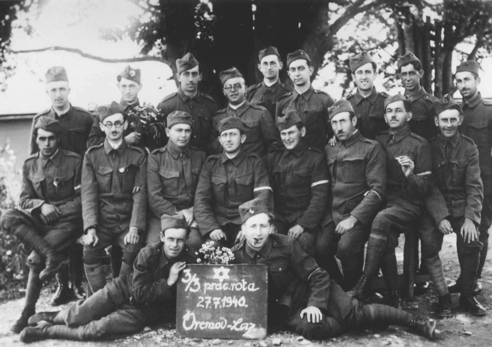 Group portrait of Jewish members of the Sixth Labor Battalion (VI Prapor) at a Slovak labor camp.
