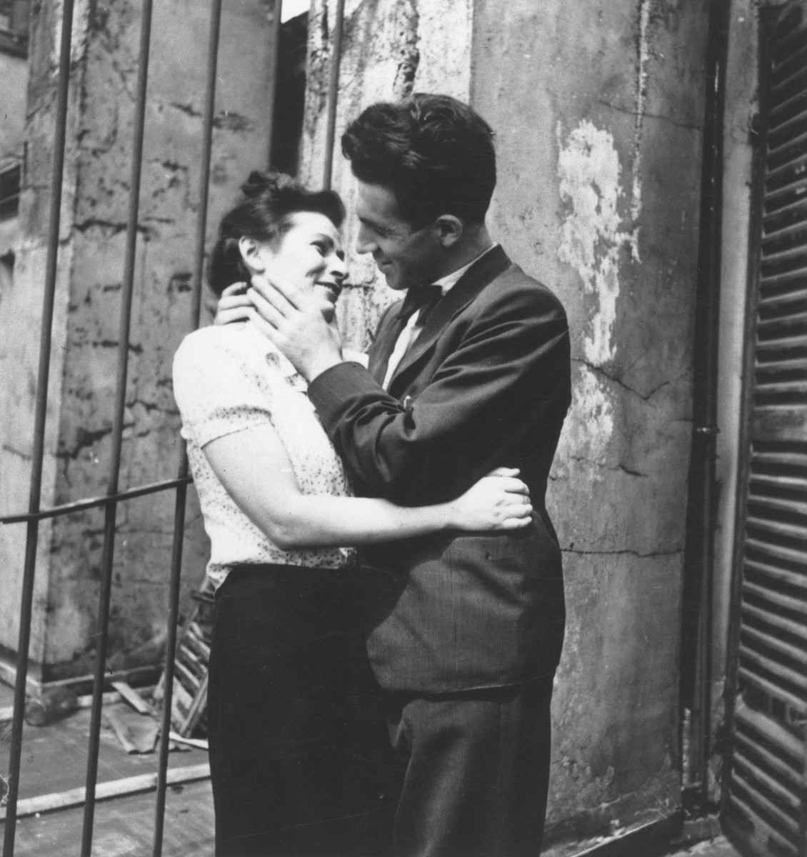 Bill Freier (Willi Spira) embraces his fiancee, Mina.

The caption on the verso of the photograph reads, "Bill Spira with his beloved Mina."