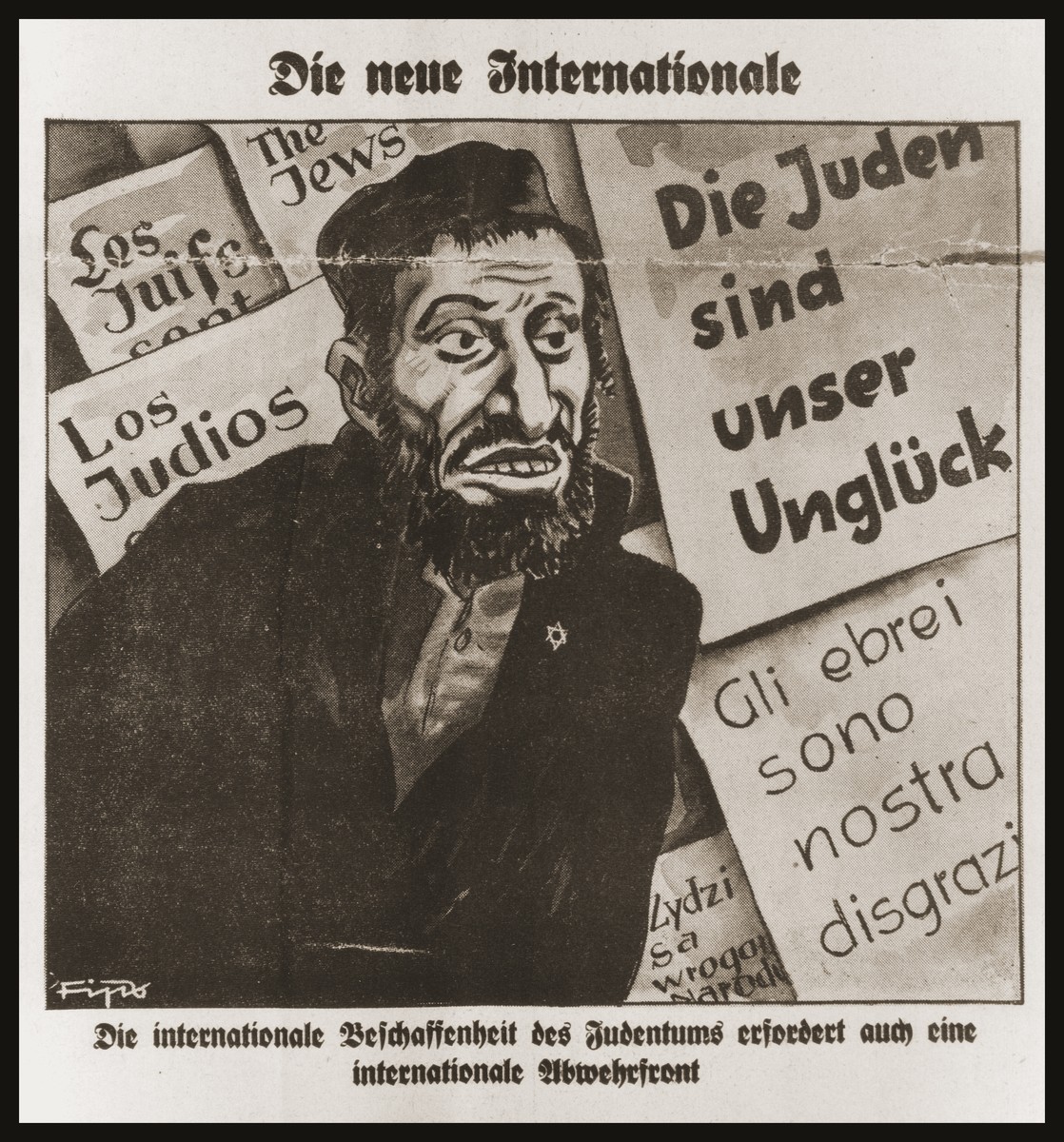 Caricature on the front page of the Nazi publication, Der Stuermer, depicting world Jewry as a "new International."  The  caption reads, "The new internationale/The international composition of Jewry demands an international defense front."