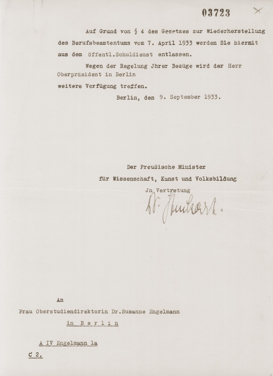 Letter notifying Dr. Susanne Engelmann that she has been dismissed from her teaching position in compliance with the Civil Service Law of April 7, 1933.